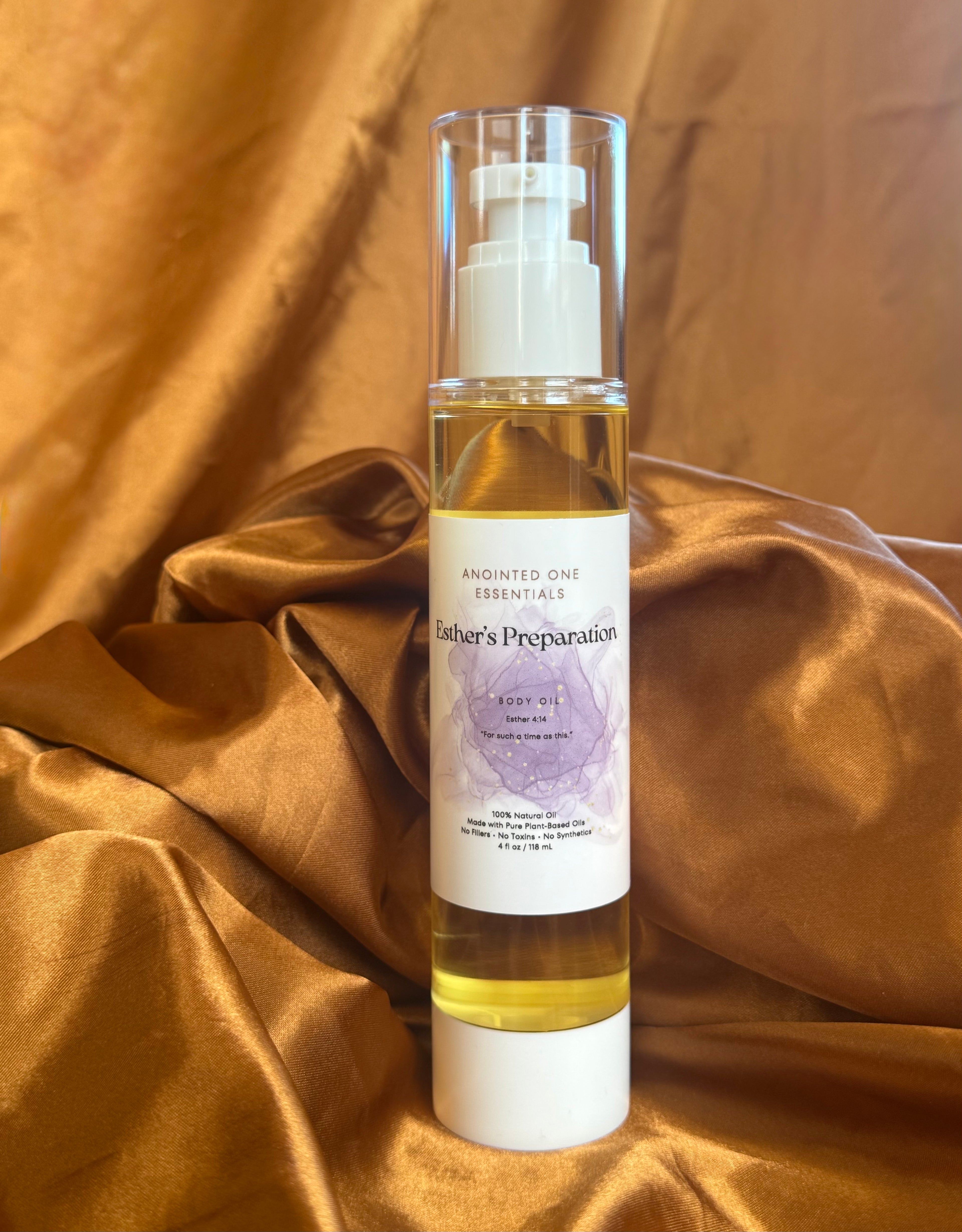 Bottle of 'Esther's Preparation' on a textured brown fabric background